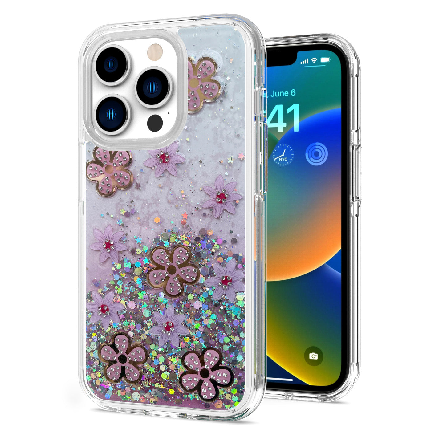 For Apple iPhone 11 (6.1") Floral Stylish Design Glitter Shiny Hybrid Rubber TPU Hard PC Shockproof Armor Slim Fit Phone Case Cover