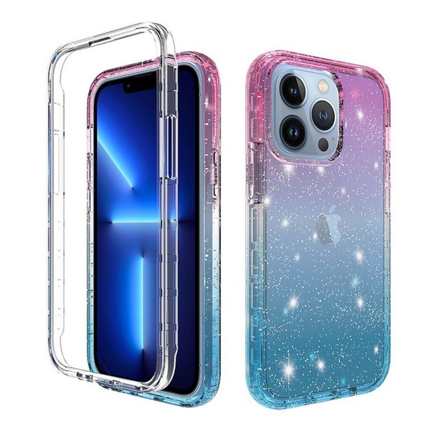 For Apple iPhone 13 Pro (6.1") Clear Gradient Glitter Bling Sparkly Hybrid Hard PC Soft TPU Bumper and Front Frame Drop Protective Phone Case Cover