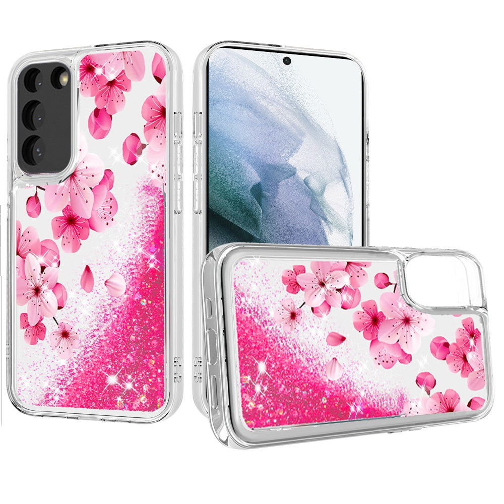 For Samsung Galaxy S22 /Plus Ultra Floral Design Quicksand Water Flowing Liquid Floating Colorful Glitter Bling Flower Fashion TPU Hybrid Phone Case Cover