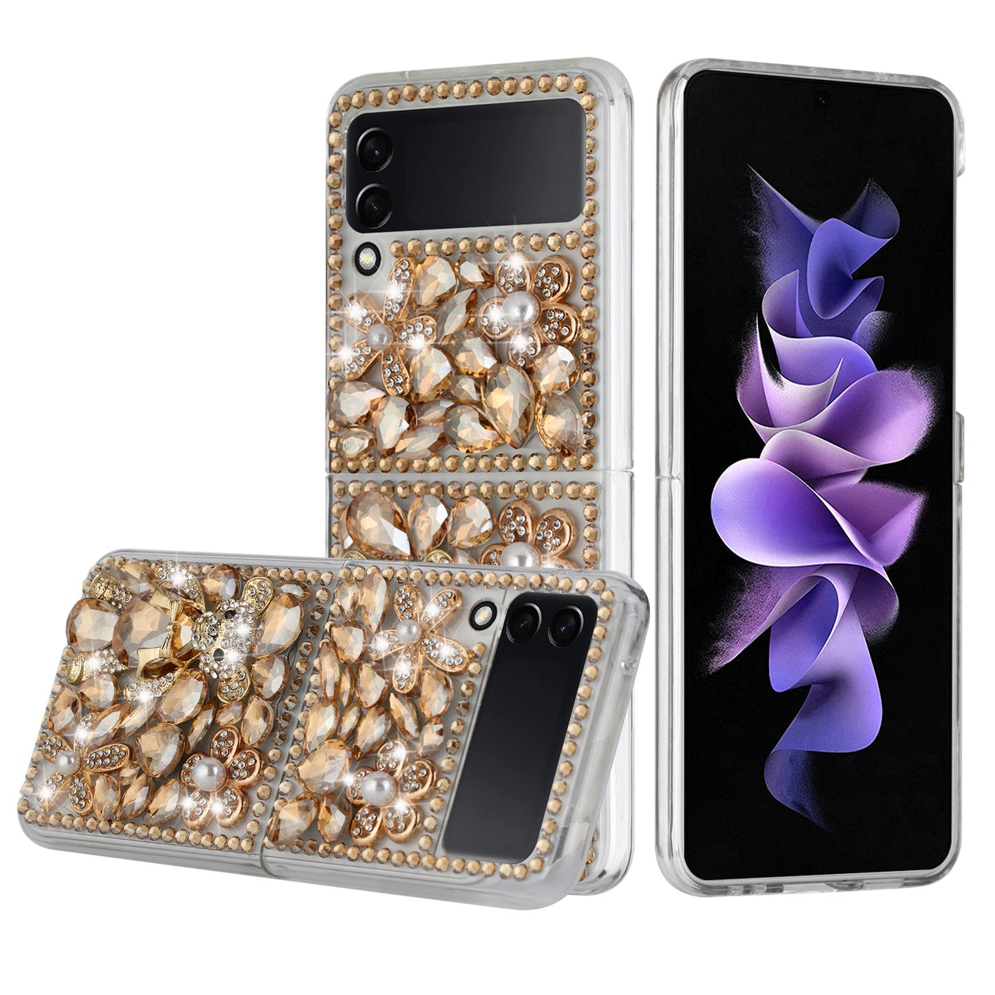 For Samsung Galaxy Z Flip 3 5G Bling Clear Crystal 3D Full Diamonds Luxury Sparkle Transparent Rhinestone Hybrid Phone Case Cover