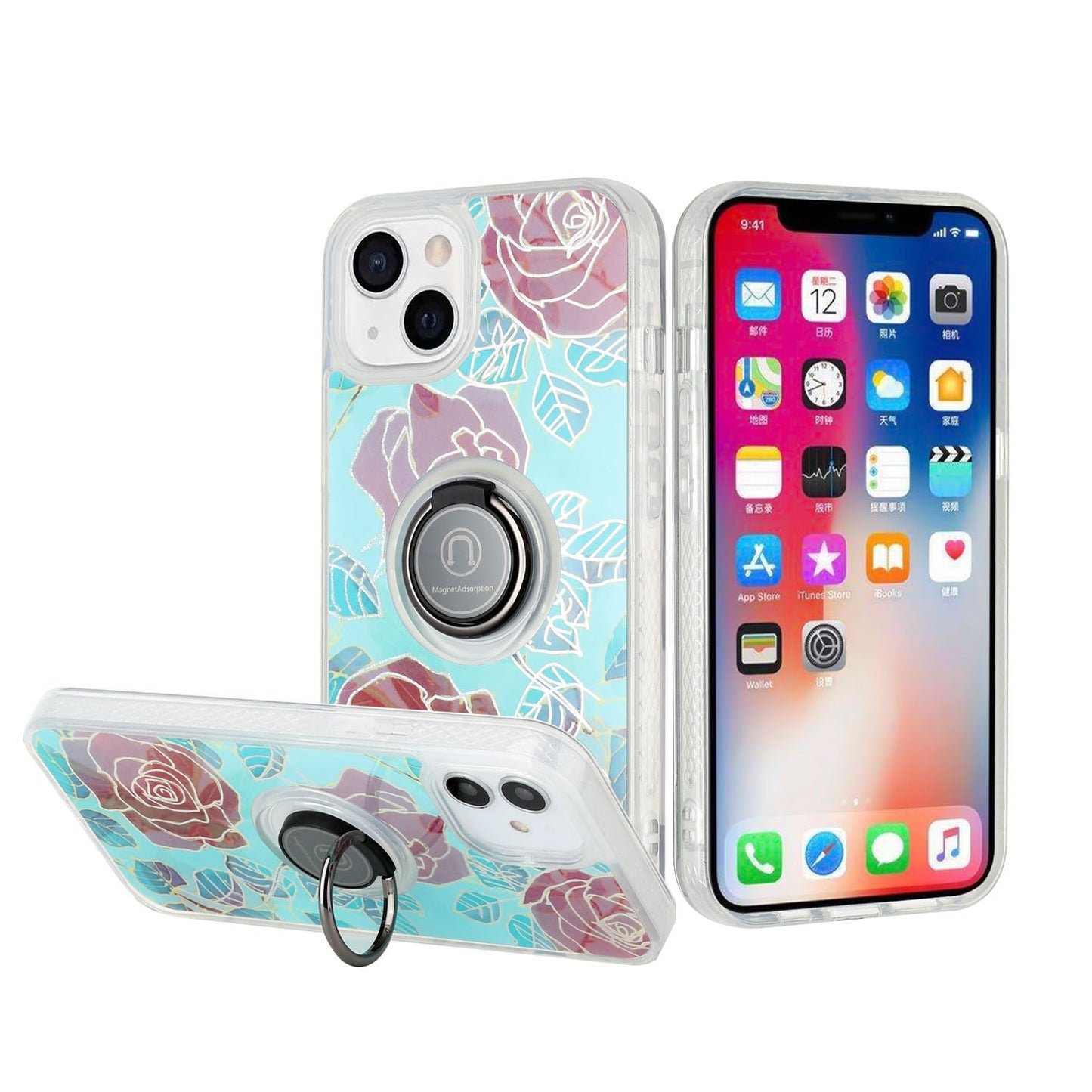 For Apple iPhone 11 (6.1") Flower Pattern IMD Design with Ring Kickstand Hybrid TPU Hard Back Shockproof Phone Case Cover