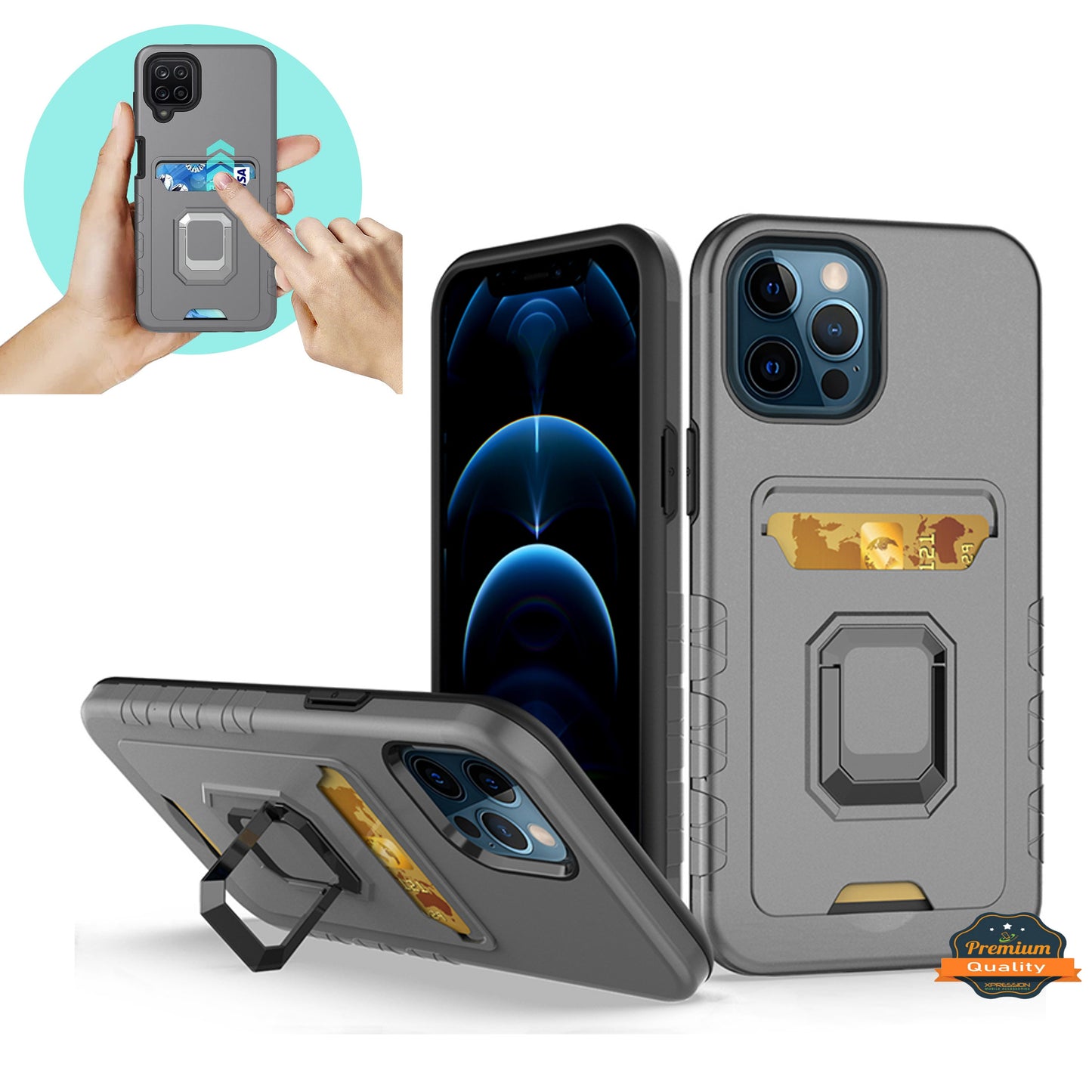 For Apple iPhone 13 /Pro Max Credit Card Holder Slot with Stand Kickstand Ring Hybrid Heavy Duty Defender Armor TPU Military Grade Phone Case Cover