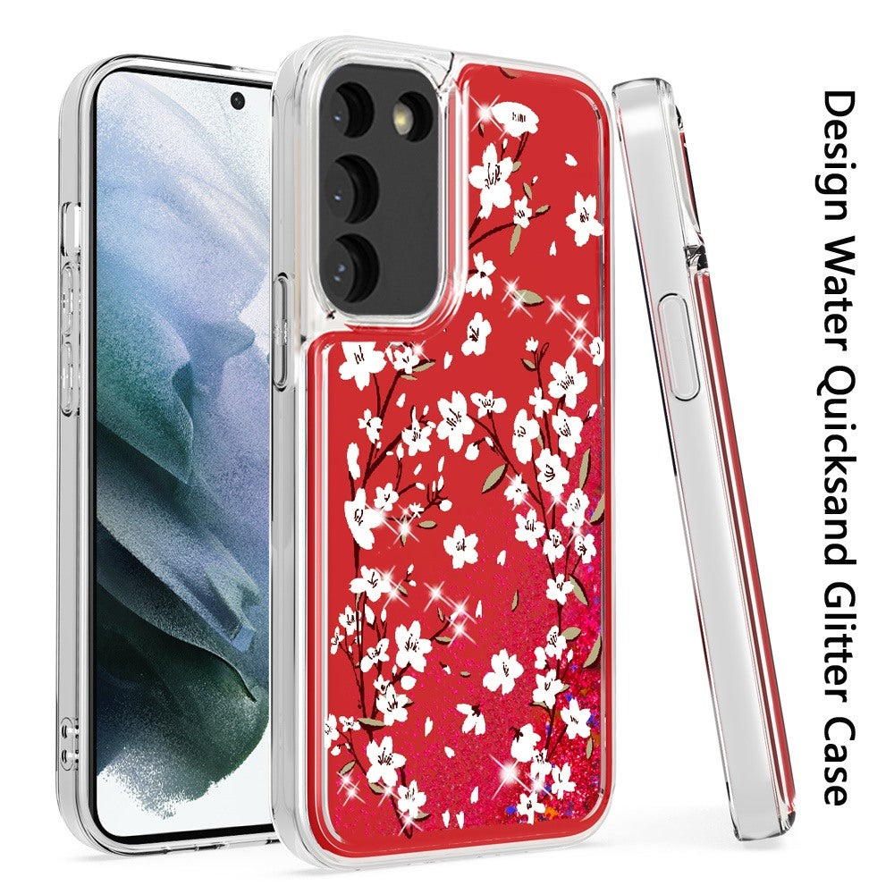 For Samsung Galaxy S22 /Plus Ultra Floral Design Quicksand Water Flowing Liquid Floating Colorful Glitter Bling Flower Fashion TPU Hybrid Phone Case Cover