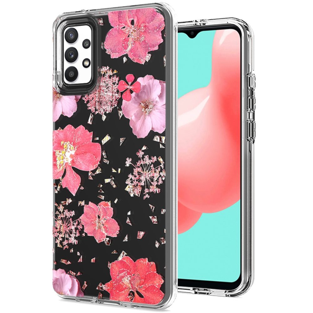 For Samsung Galaxy A33 5G Glitter Floral Print Pattern Clear Design Shockproof Hybrid Fashion Sparkle Rubber TPU Bumper Phone Case Cover