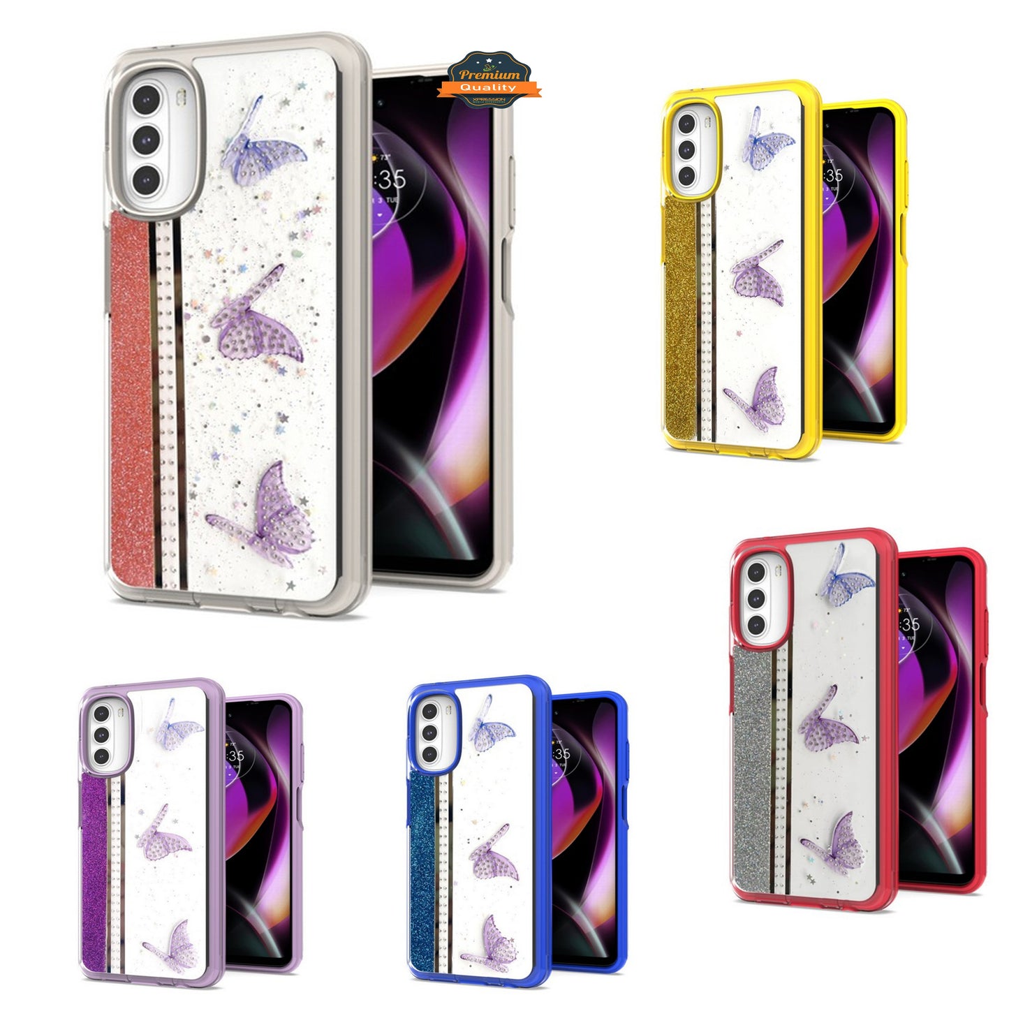 For Motorola Moto G 5G 2022 Butterflies Design Bling Glitter Shockproof Hybrid Soft TPU Frame and Hard PC Back Slim Phone Case Cover