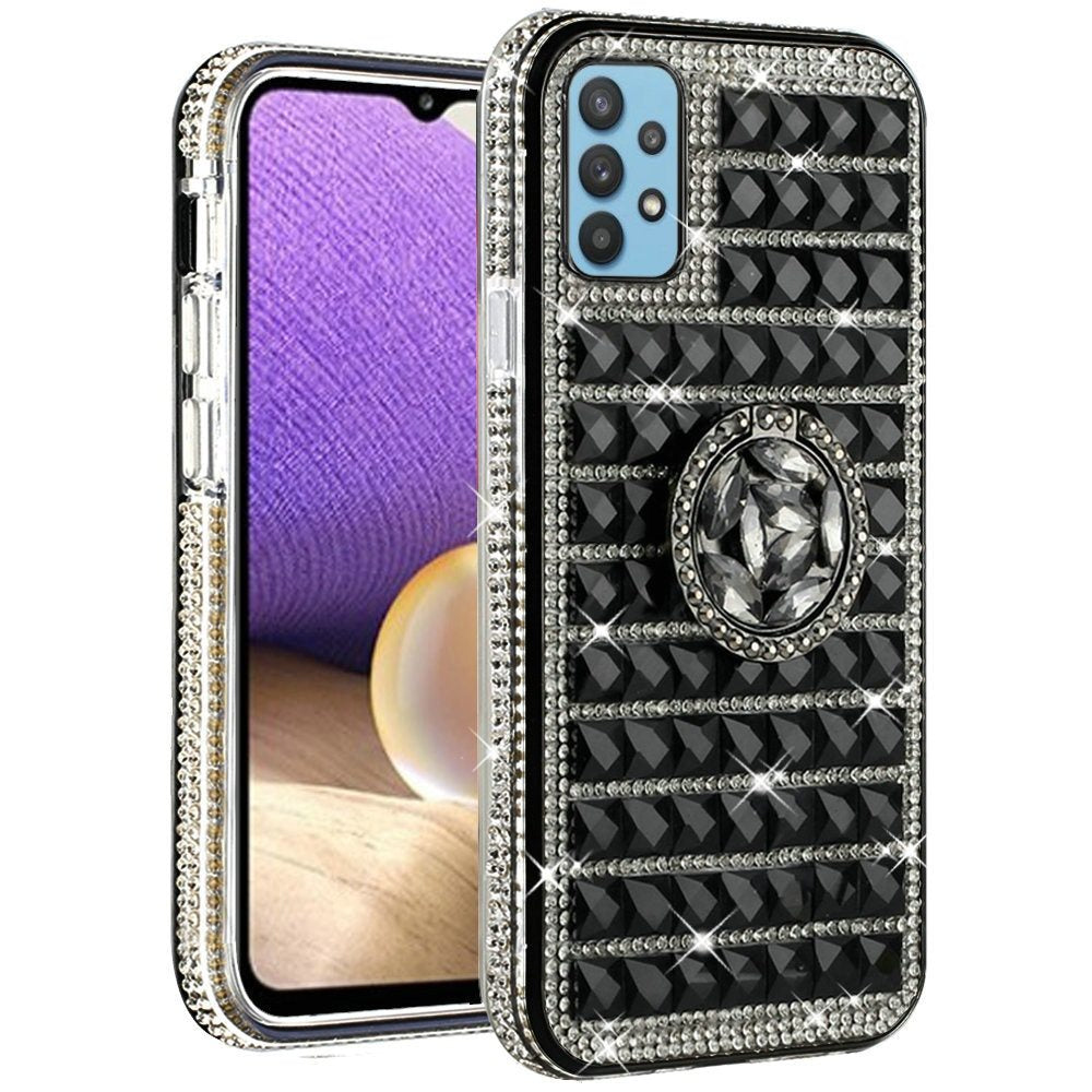 For Apple iPhone 11 (6.1") Luxury 3D Bling Diamonds Rhinestone Jeweled Shiny Crystal Hybrid TPU Hard with Ring Stand Holder Black Phone Case Cover