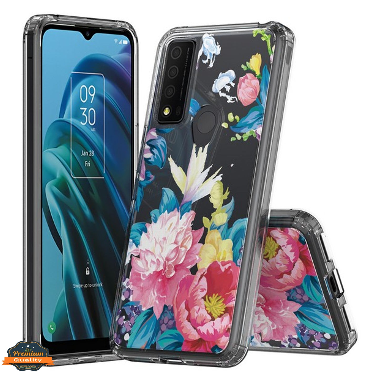 For TCL 30 XE 5G Floral Patterns Design Transparent TPU Silicone Shock Absorption Bumper Slim Hard PC Back Phone Case Cover