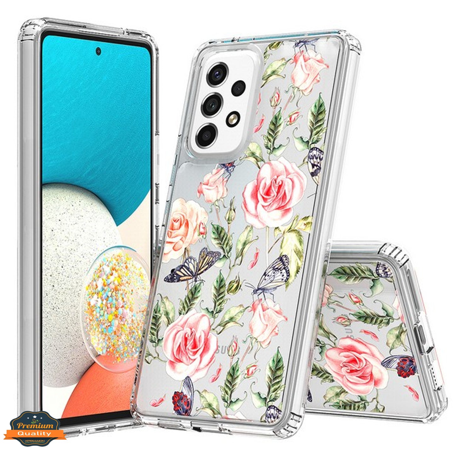 For Samsung Galaxy A23 5G Floral Patterns Design Transparent TPU Silicone Shock Absorption Bumper Hard PC Back Phone Case Cover