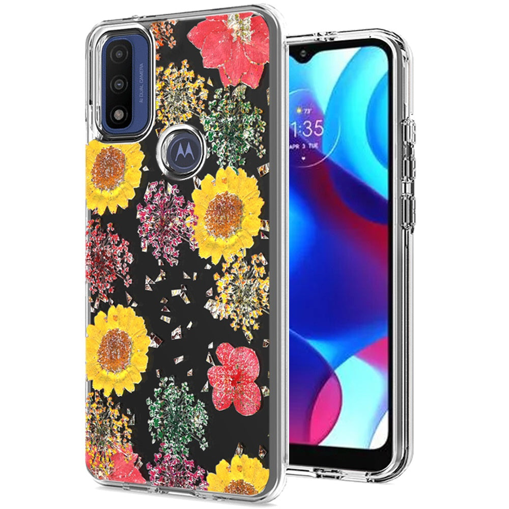 For Motorola Moto G Power 2022 Glitter Flowers Floral Print Pattern Clear Design Shockproof Hybrid Fashion Sparkle Rubber TPU Phone Case Cover