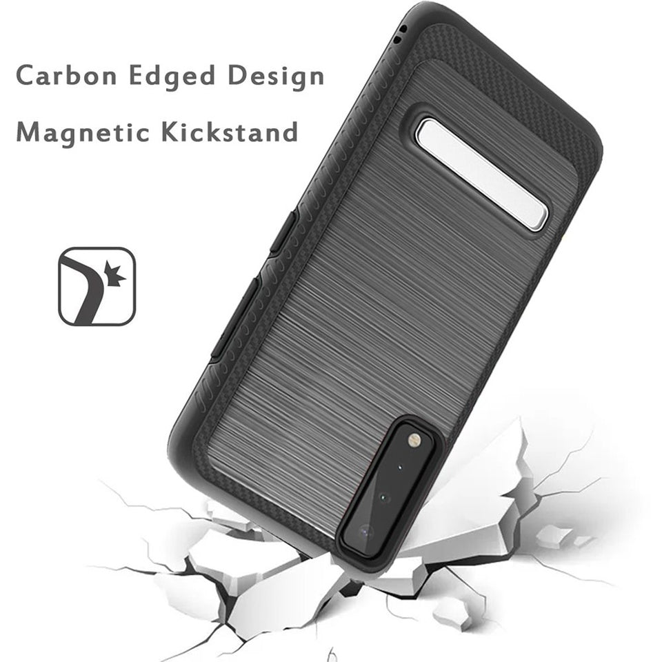 For Samsung Galaxy A02S Slim Brushed Hybrid Shock-Absorption Armor Edged Carbon Fiber with Metal Kickstand Rugged Texture Phone Case Cover