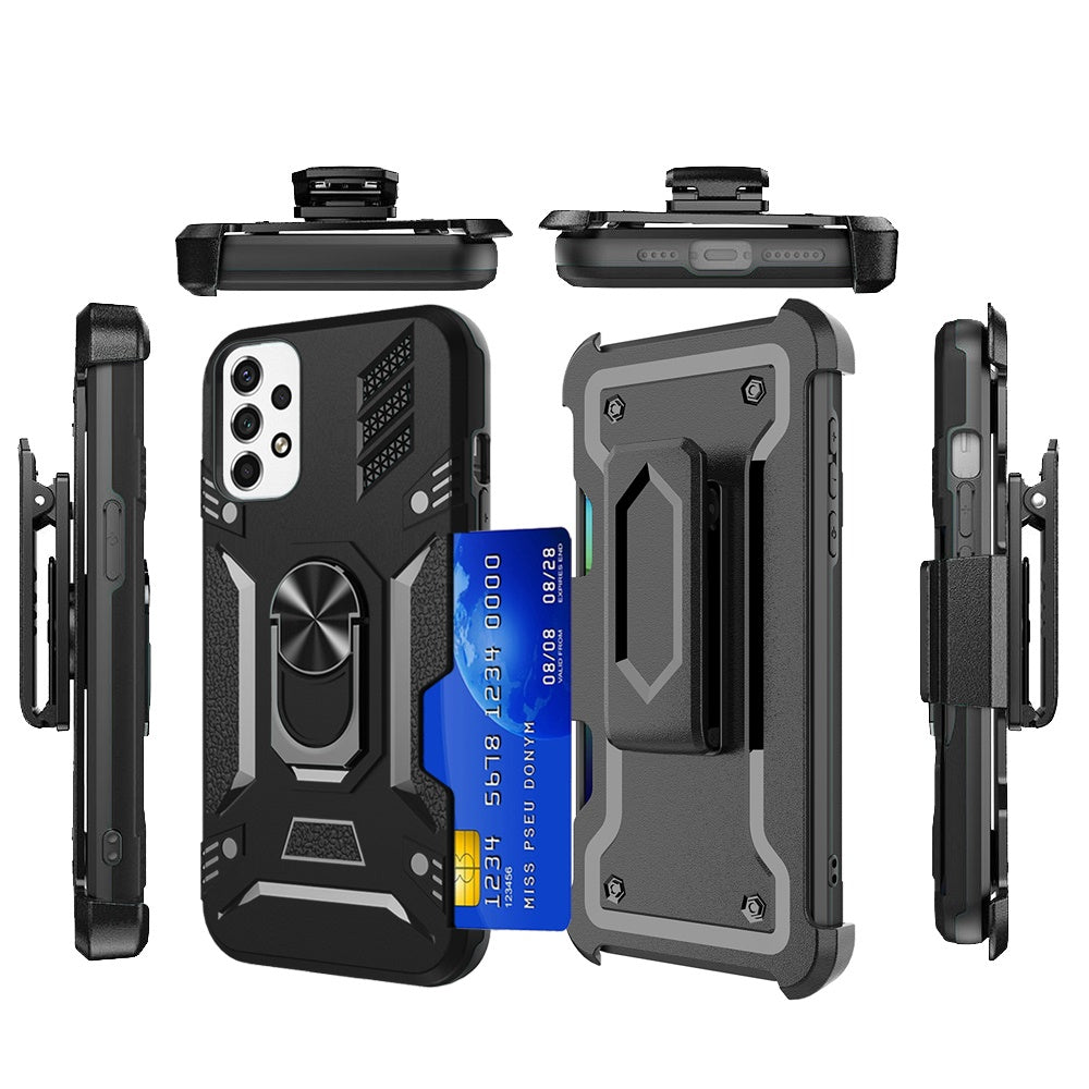 For Samsung Galaxy A23 5G Wallet Case with Invisible Credit Card Holder, 3 in 1 Combo Holster Clip and Ring Kickstand Black Phone Case Cover
