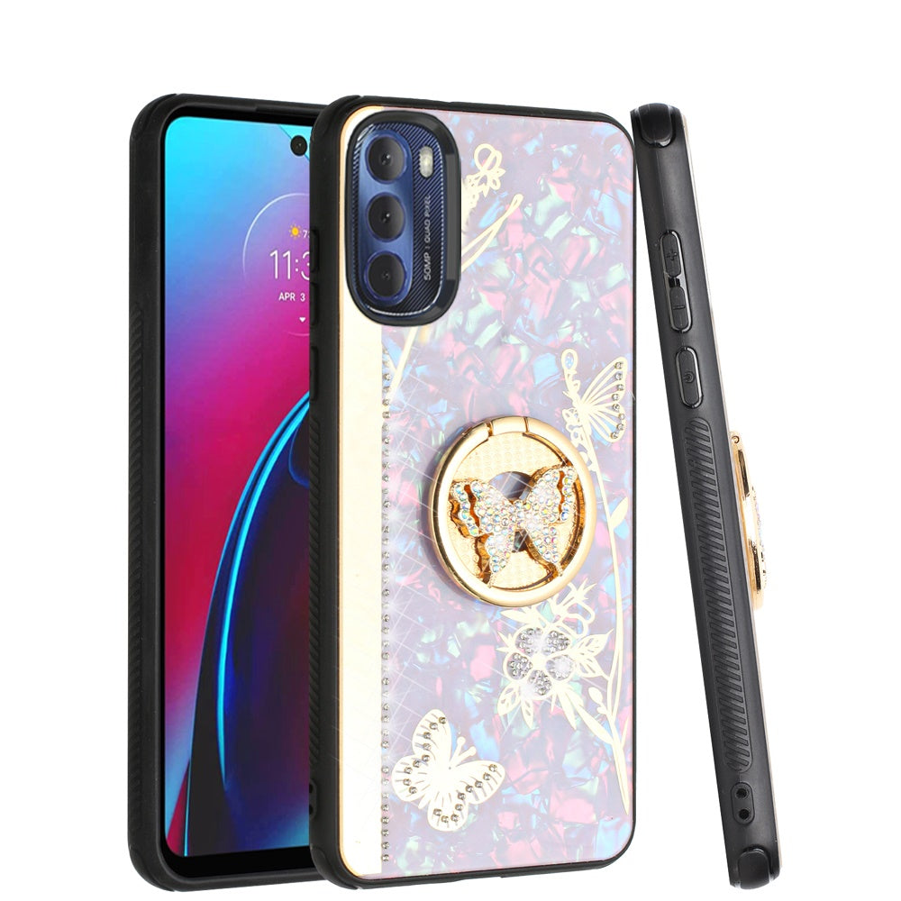 For Motorola Moto G Stylus 4G 2022 Diamond Bling Sparkly 3D Ornaments Engraving Hybrid Ring Stand Holder Fashion Phone Case Cover