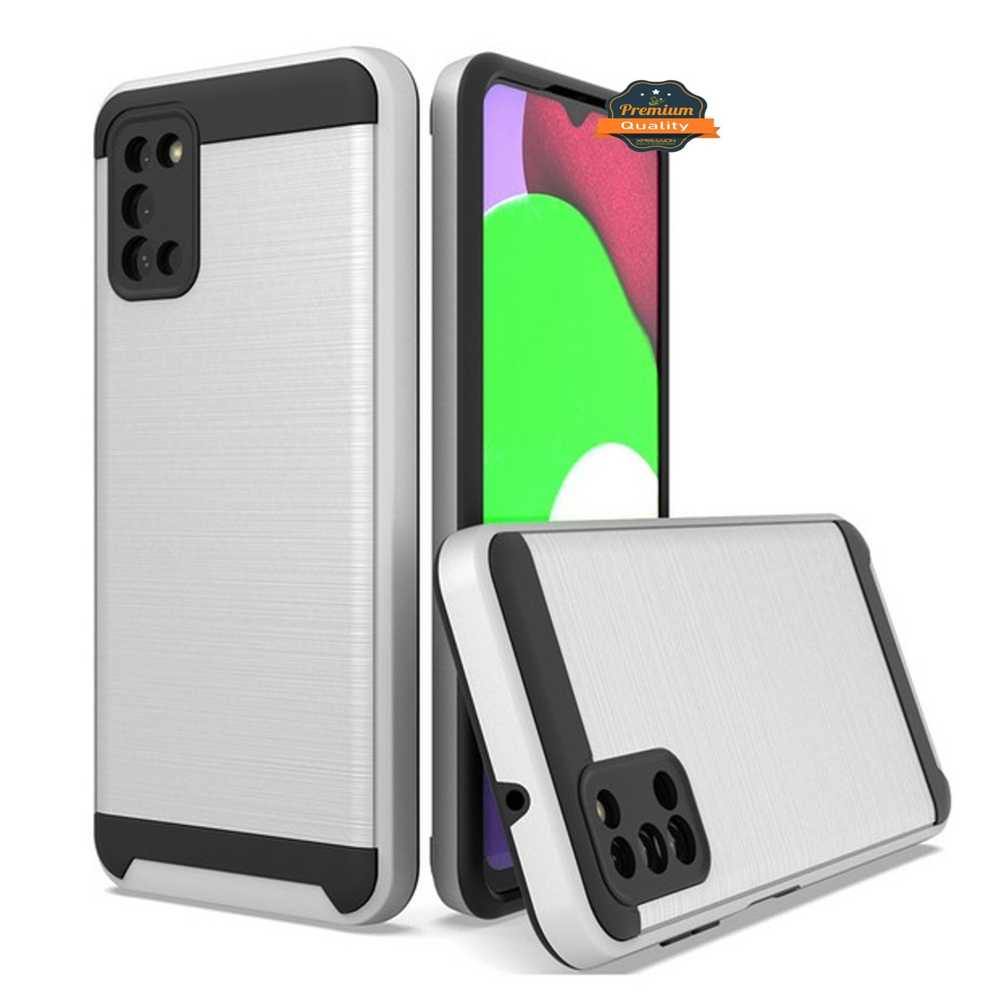 For Samsung Galaxy A03S Slim Rugged TPU + Hard PC Brushed Metal Texture Hybrid Dual Layer Defender Armor Shock Absorbing Phone Case Cover