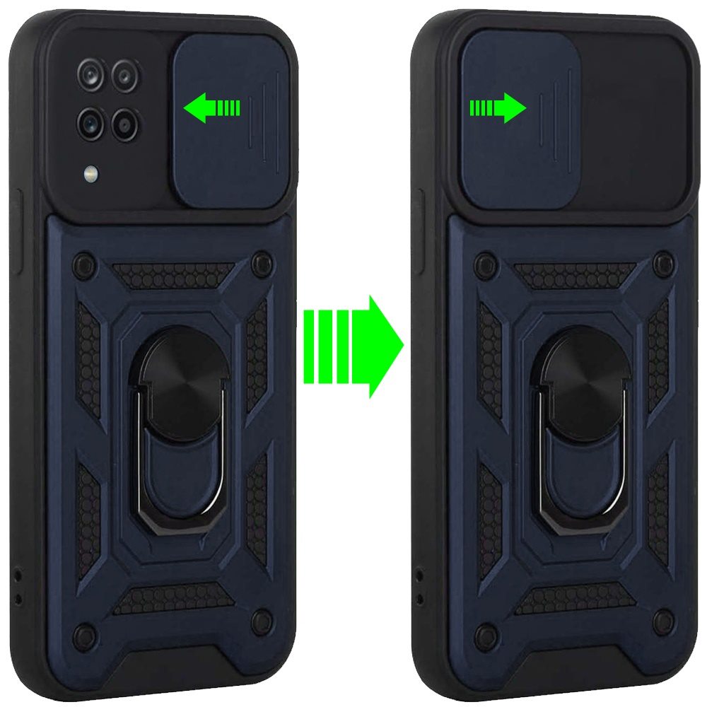 For Samsung Galaxy A12 5G Hybrid Cases with Slide Camera Lens Cover and Ring Holder Kickstand Rugged Dual Layer Heavy Duty Hard Phone Case Cover