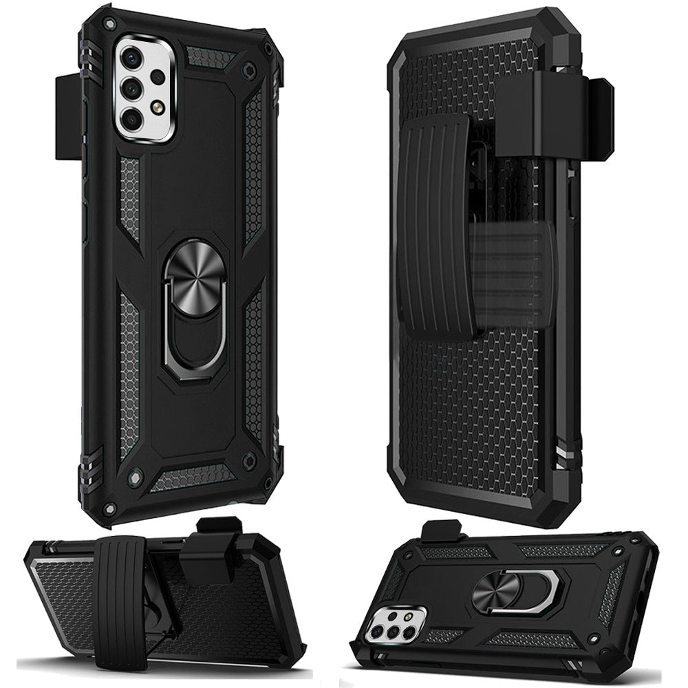 For Samsung Galaxy A23 5G Hybrid Armor with Belt Clip Holster Ring Stand Holder, Military Grade Fit Magnetic Car Mount Black Phone Case Cover