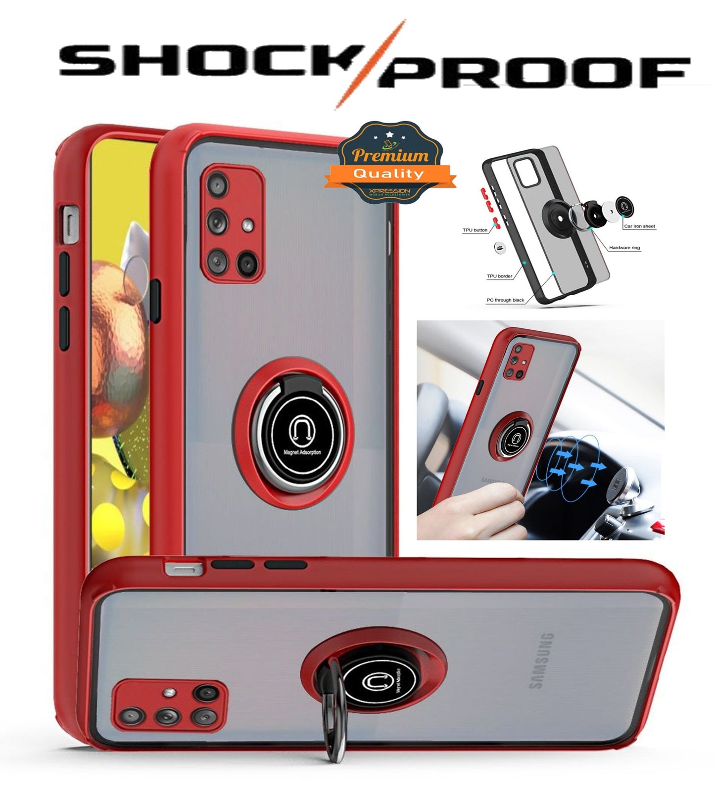 For Samsung Galaxy A33 5G Hybrid Protective PC TPU Shockproof with 360° Rotation Ring Metal Stand and Covered Camera Phone Case Cover
