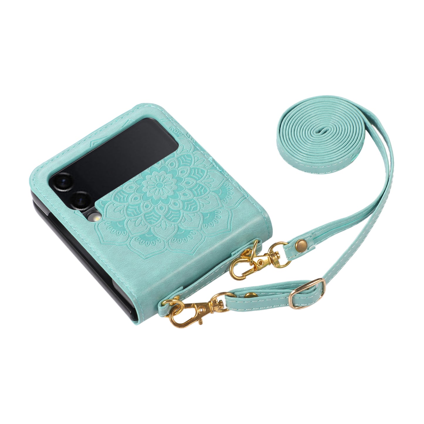 For Samsung Galaxy Z Flip 4 5G Embossed Floral Henna Mandala Design PU Leather with Strap Lanyard Hybrid Protective Phone Case Cover
