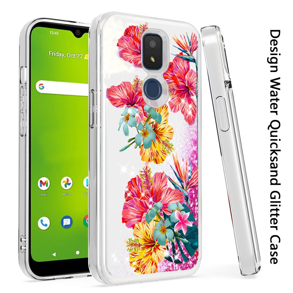 For Apple iPhone 11 (6.1") Floral Design Quicksand Water Flowing Liquid Floating Sparkle Glitter Bling Hybrid Phone Case Cover