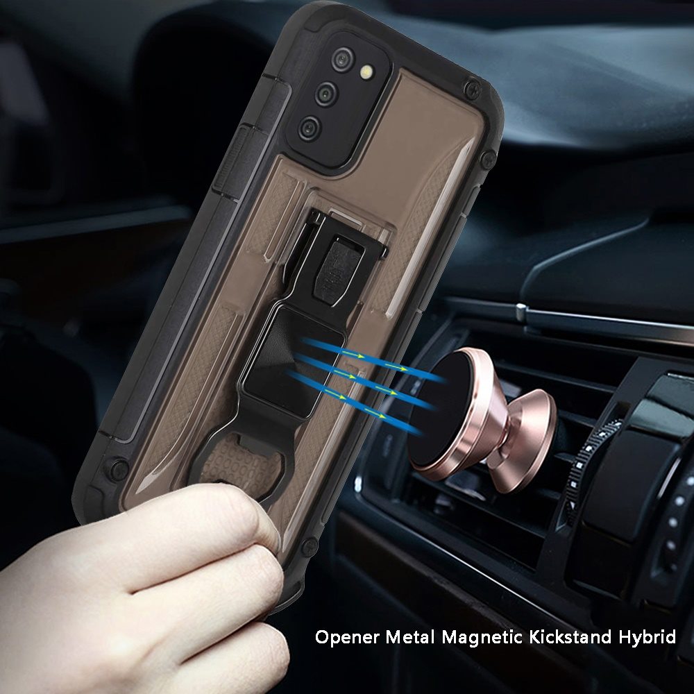 For Samsung Galaxy A02S Heavy Duty Military Grade Rugged Hybrid with Magnetic Kickstand, Carabiner, Bottle Beer Opener Shockproof Phone Case Cover