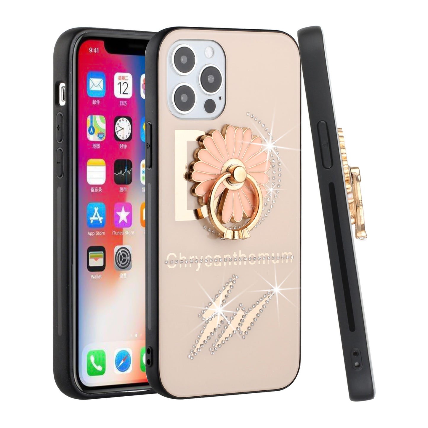 For Apple iPhone 13 (6.1") Diamond Bling Sparkly Glitter Ornaments Engraving Hybrid Armor with Ring Stand Holder Fashion Phone Case Cover