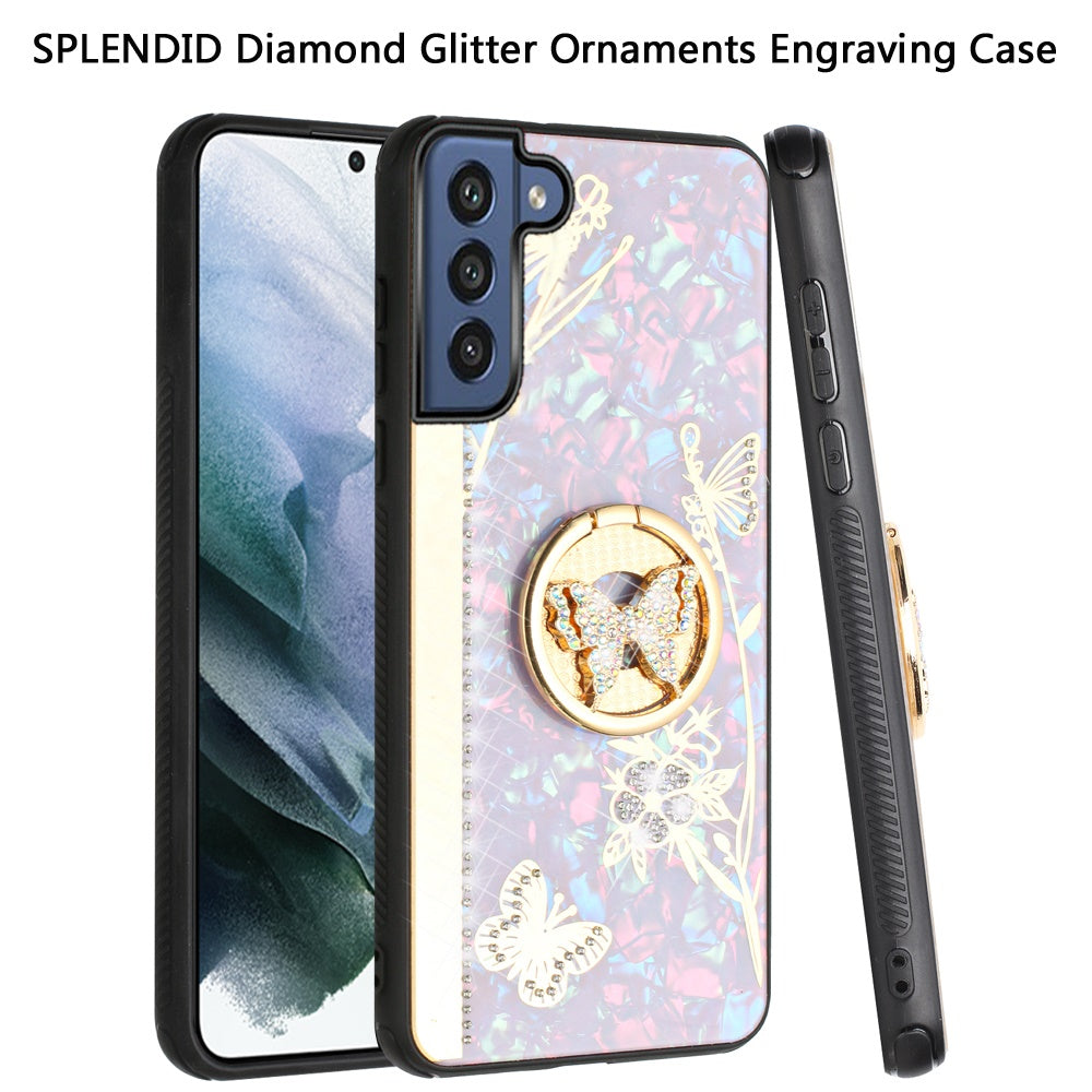 For Samsung Galaxy S22 /Plus Ultra Diamond Bling Sparkly 3D Ornaments Engraving Hybrid with Ring Stand Holder Rugged Fashion Phone Case Cover
