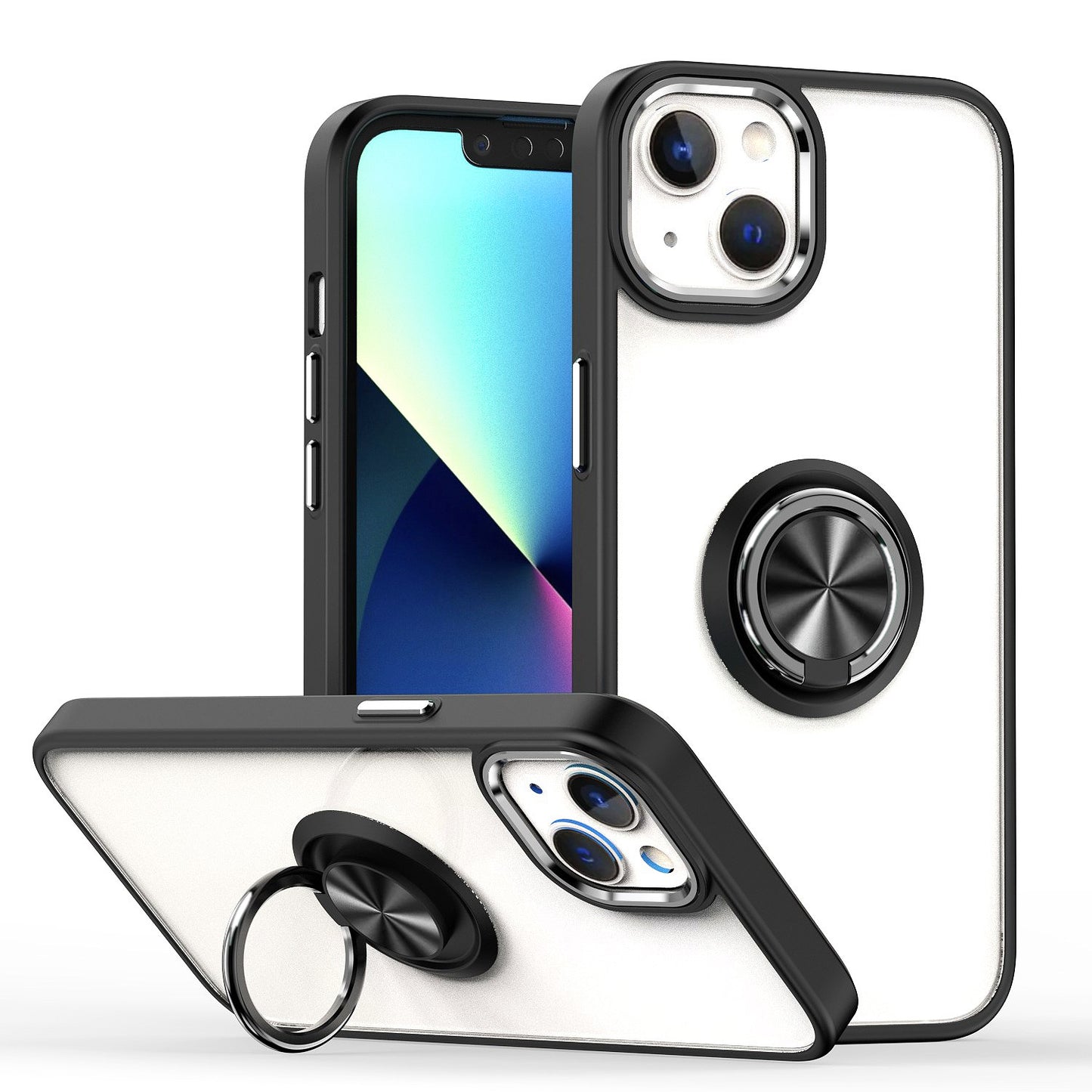 For Apple iPhone 13 Pro Max (6.7") Slim Transparent Shockproof Hybrid Chromed with Magnetic Ring Stand Holder Phone Case Cover