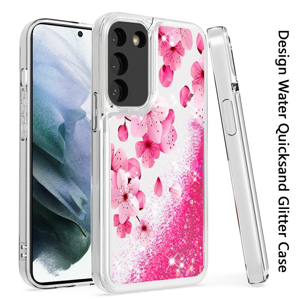 For Samsung Galaxy S22 /Plus Ultra Floral Design Quicksand Water Flowing Liquid Floating Colorful Glitter Bling Flower Fashion TPU Hybrid Phone Case Cover