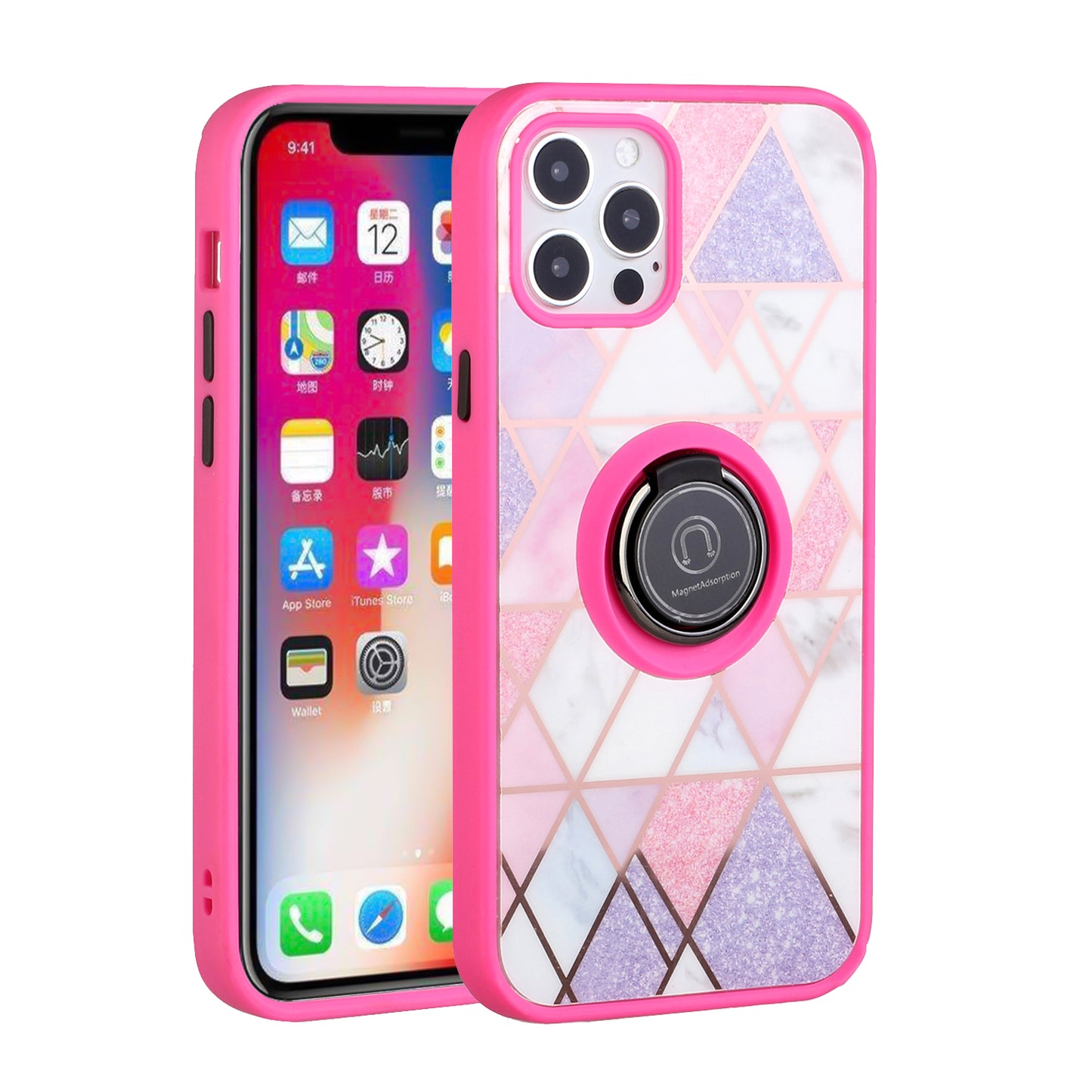 For Apple iPhone 14 (6.1") Unique Marble Design with Magnetic Ring Kickstand Holder Hybrid TPU Hard PC Shockproof Phone Case Cover