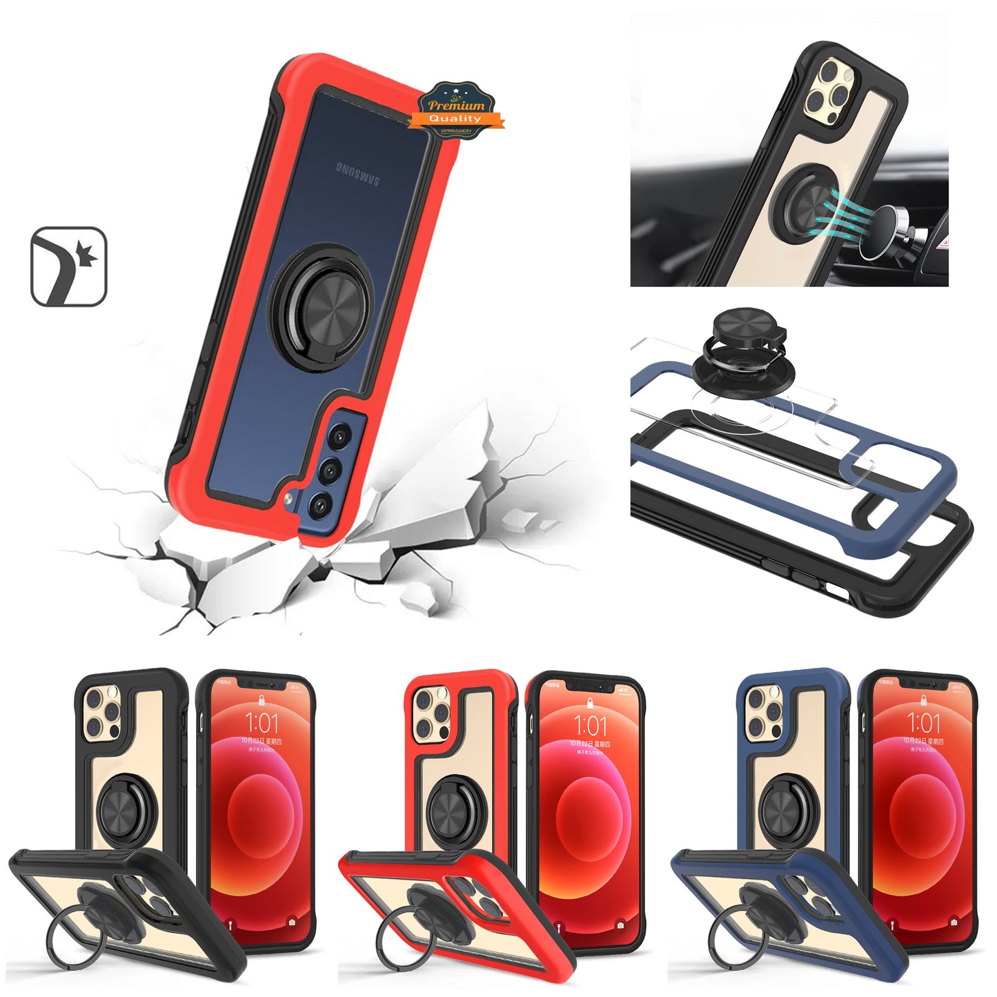 For Samsung Galaxy A03S Transparent Magnetic Ring Stand Hybrid 360 Degree Rotation Kickstand Armor Bumper Defender Phone Case Cover