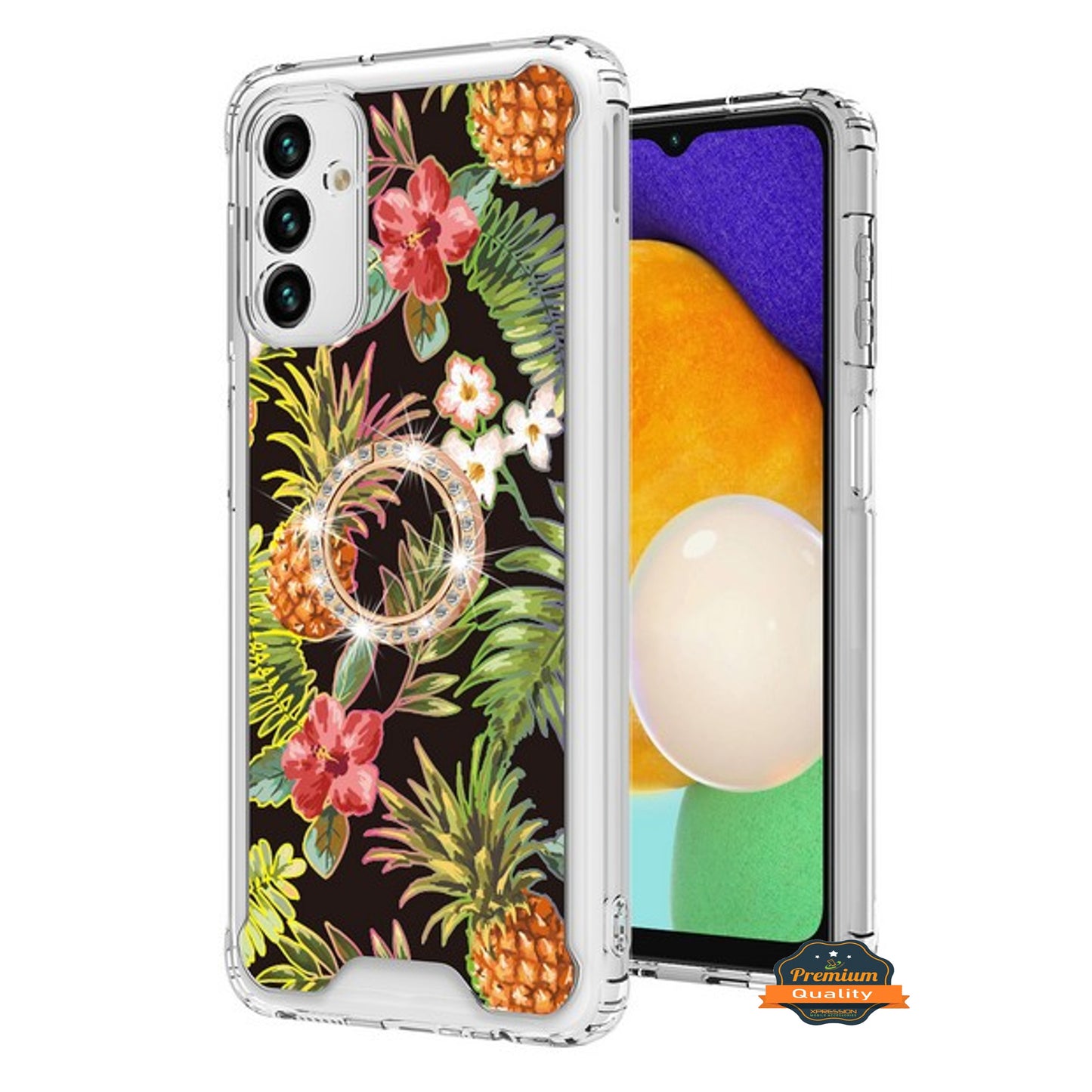 For Samsung Galaxy A13 5G Fashion Design Pattern Flowers Hybrid Ring Kickstand Bling Diamond Hard PC + TPU Phone Case Cover