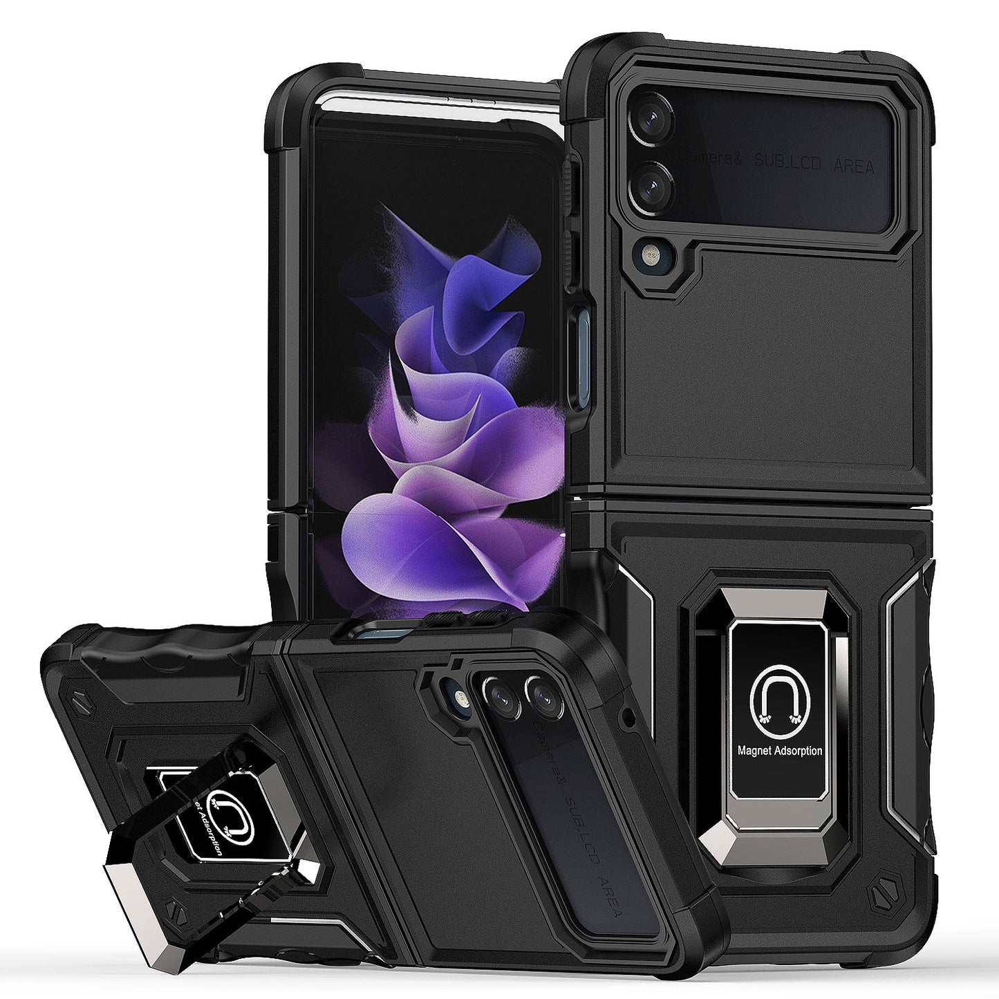 For Samsung Galaxy Z Flip 4 5G Hybrid Cases with Magnetic Ring Holder Kickstand Heavy Duty Rugged Silicone Shockproof Phone Case Cover