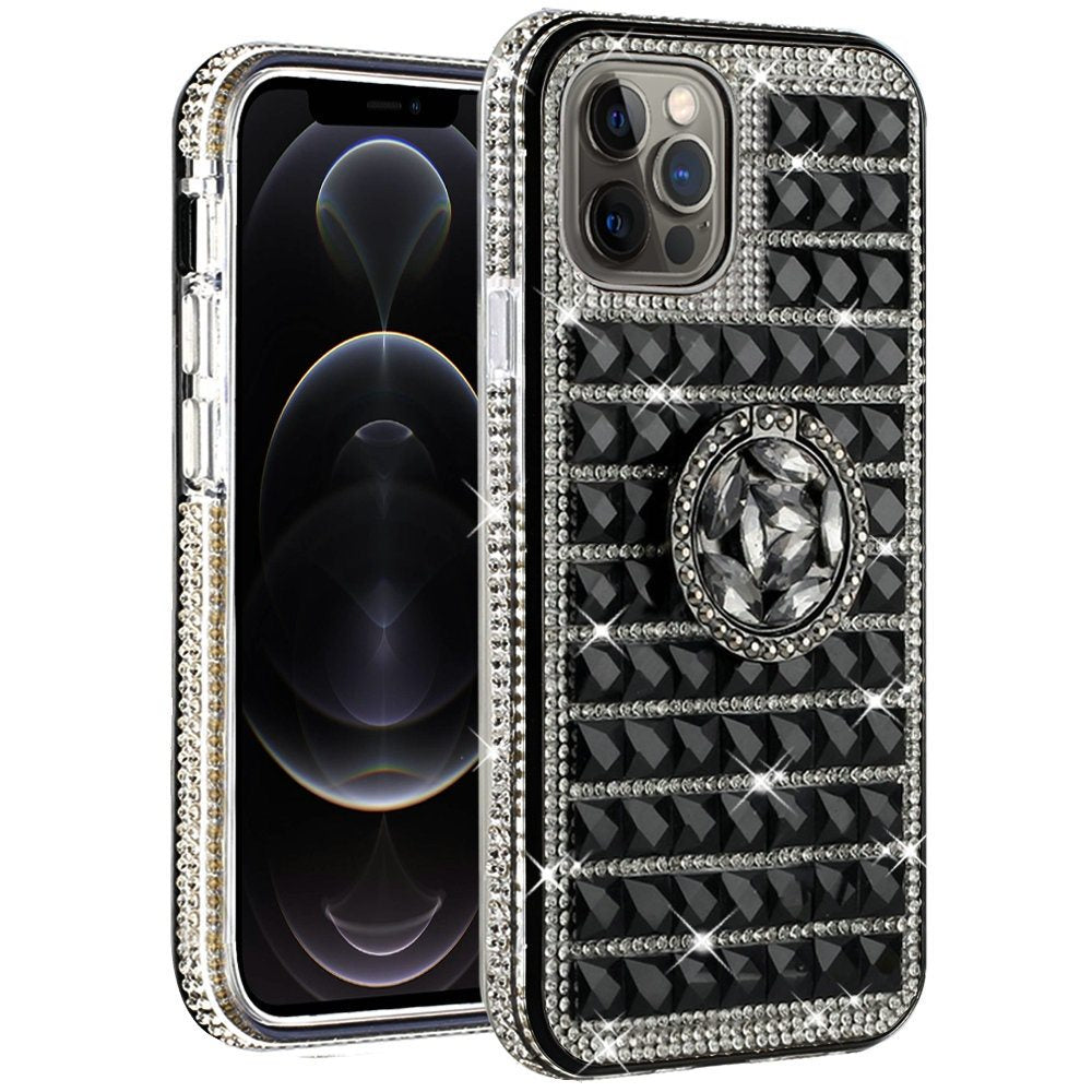 For Apple iPhone 11 (6.1") Luxury 3D Bling Diamonds Rhinestone Jeweled Shiny Crystal Hybrid TPU Hard with Ring Stand Holder Black Phone Case Cover