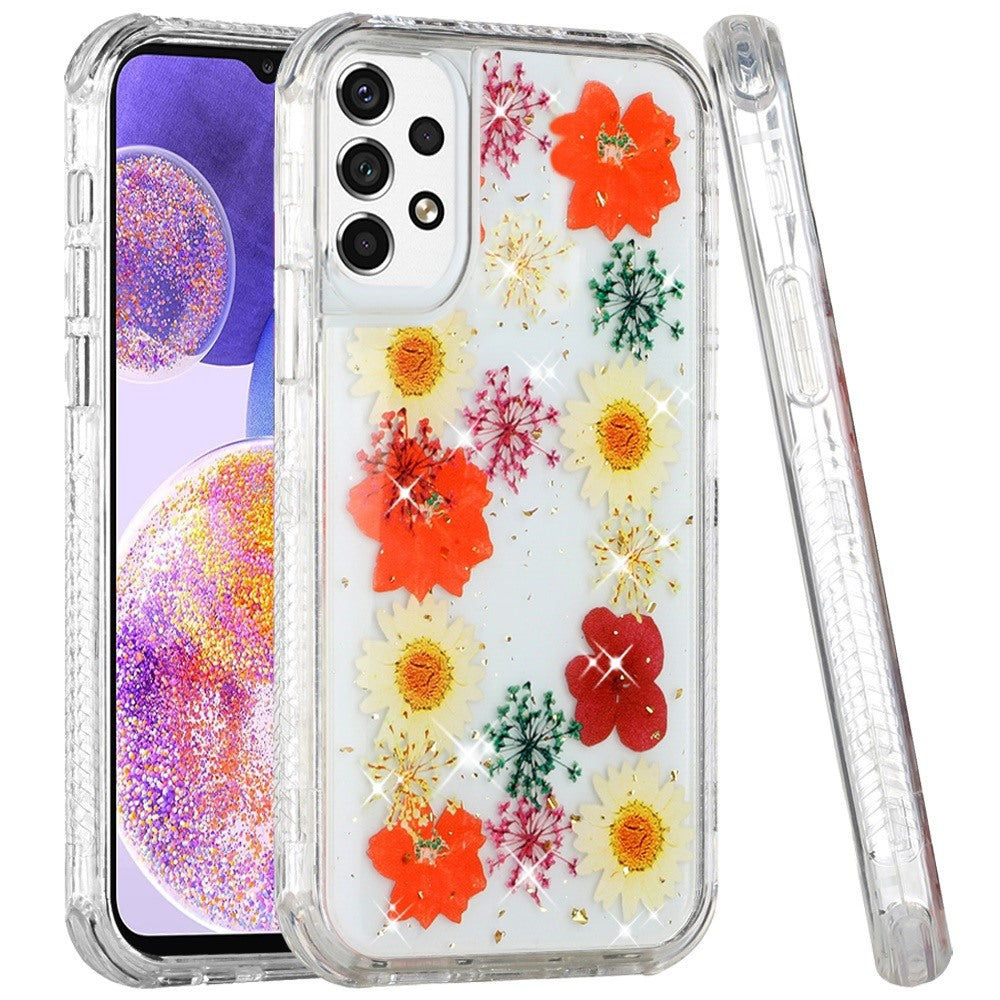 For Samsung Galaxy A23 5G Sparkle Glitter Floral Epoxy Design Shockproof Hybrid Fashion Bling Rubber TPU & Hard PC Phone Case Cover