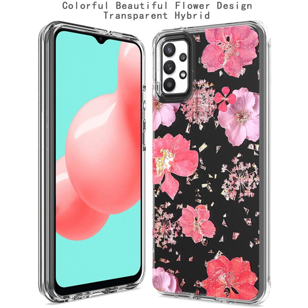 For Samsung Galaxy A33 5G Glitter Floral Print Pattern Clear Design Shockproof Hybrid Fashion Sparkle Rubber TPU Bumper Phone Case Cover