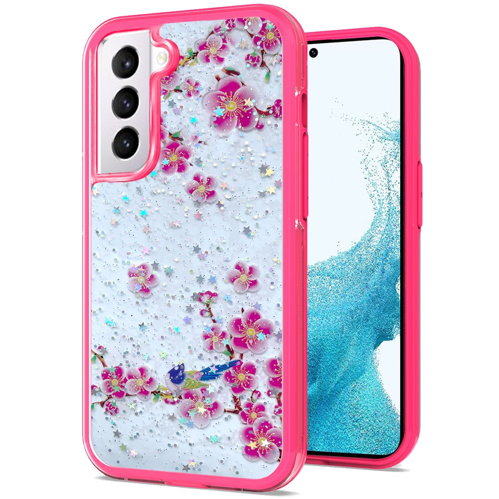 For Samsung Galaxy S22 Ultra Sakura Spring Flowers Design Colorful Frame Hybrid Rubber TPU Hard PC Shockproof Slim Phone Case Cover