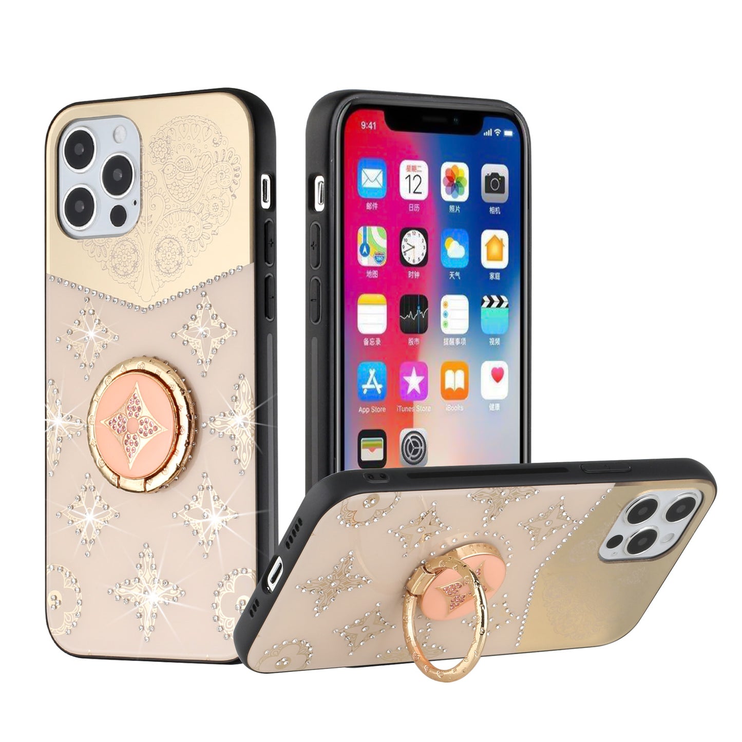 For Apple iPhone 13 Pro (6.1") Diamond Bling Sparkly Glitter Ornaments Engraving Hybrid Armor with Ring Stand Holder Rugged Fashion Phone Case Cover