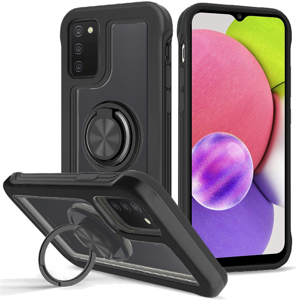 For Samsung Galaxy A03S Transparent Magnetic Ring Stand Hybrid 360 Degree Rotation Kickstand Armor Bumper Defender Phone Case Cover