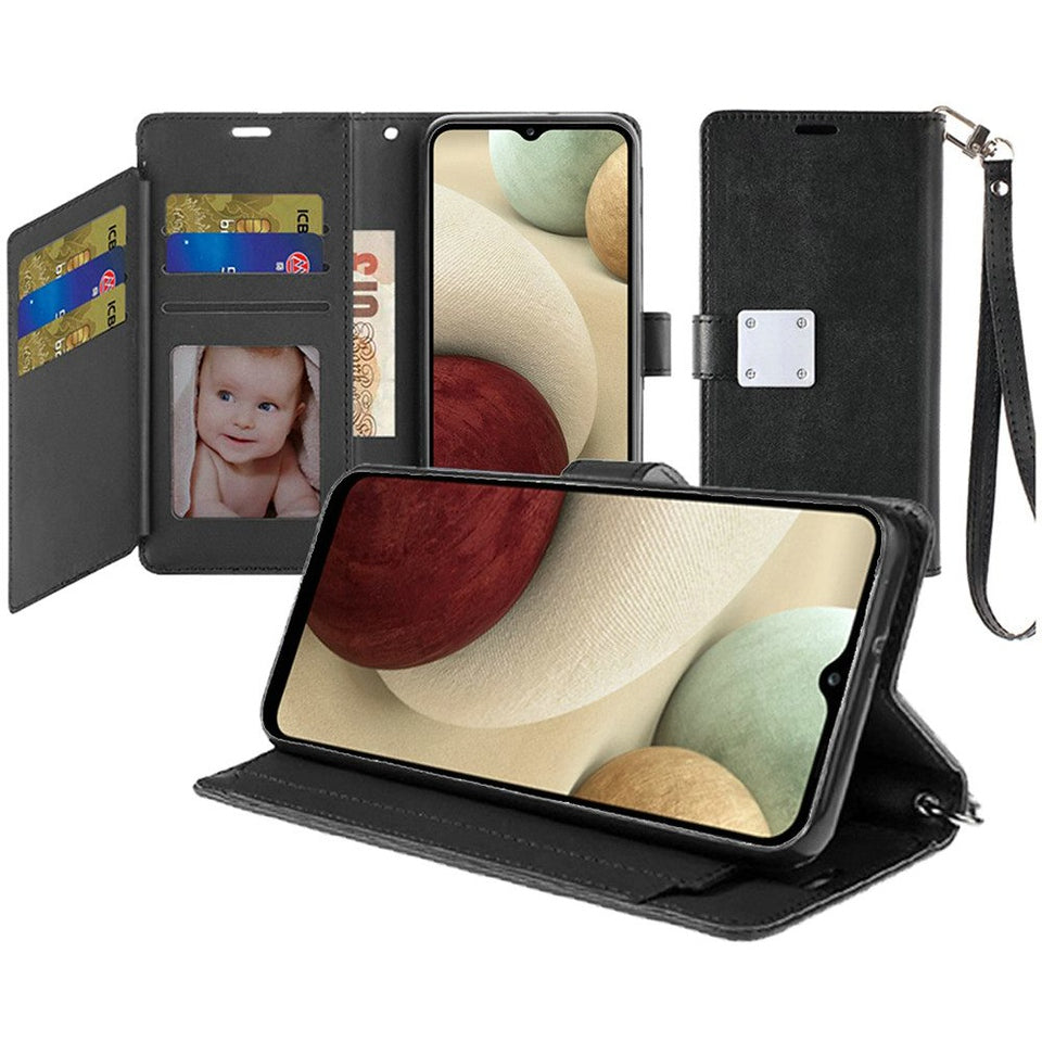 For Samsung Galaxy A02S Wallet Case PU Leather Credit Card ID Cash Holder Slot Dual Flip Pouch with Stand and Strap Black Phone Case Cover