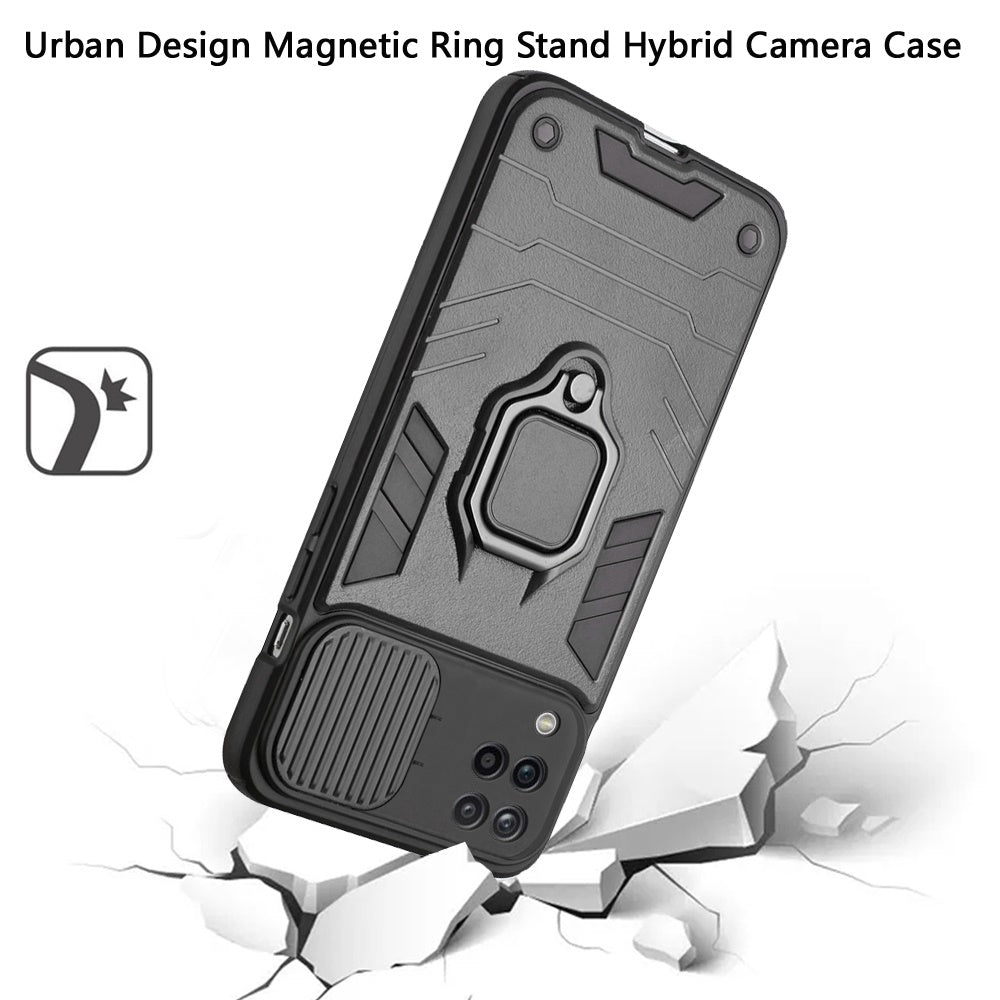 For Samsung Galaxy A12 5G Kickstand Hybrid with Slide Camera Protector, Built-in 360° Rotate Ring Stand Magnetic PC & TPU Bumper Phone Case Cover