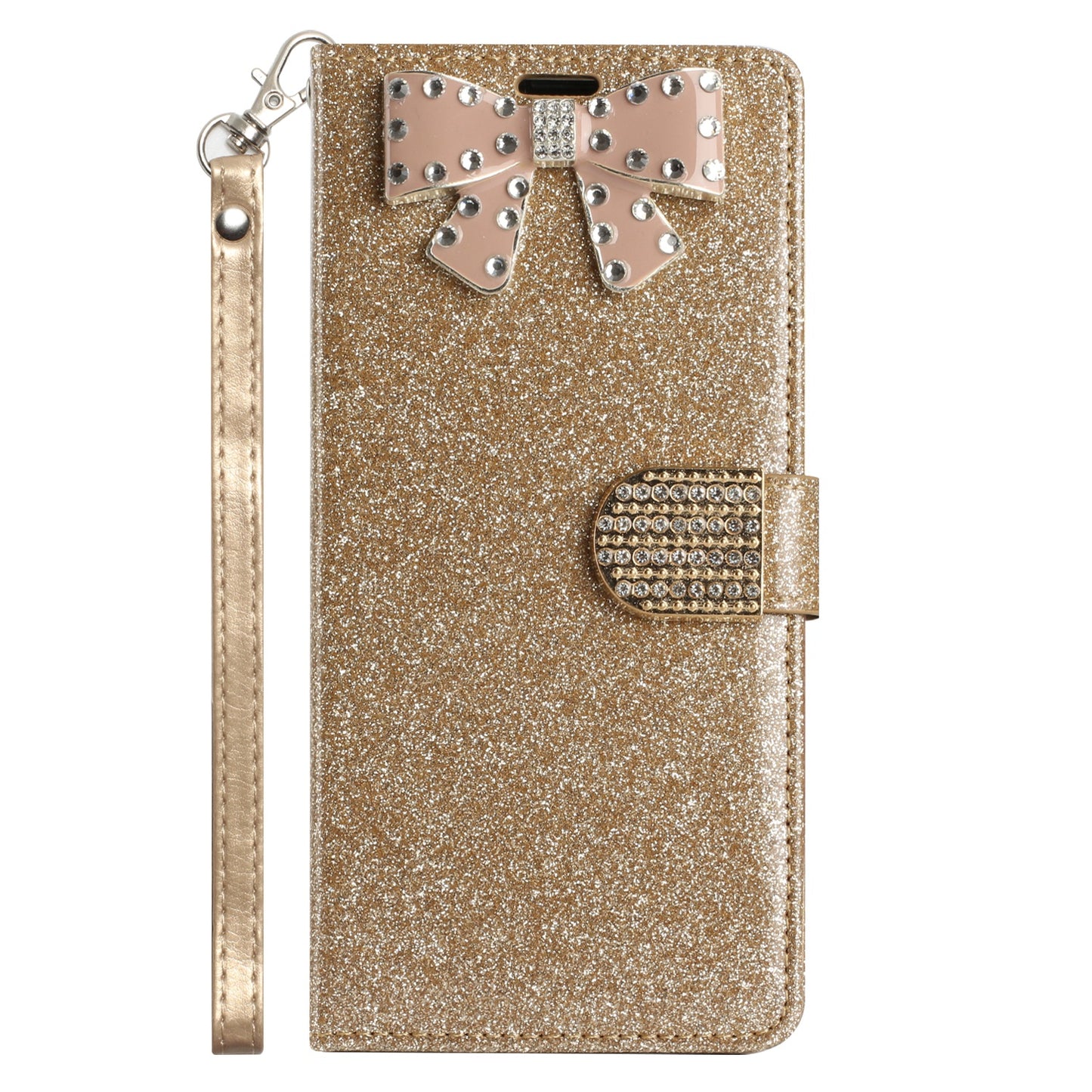 For Apple iPhone 14 Pro Max (6.7") Wallet Bow Glitter Bling Ornament Shimmer with Credit Card Slot Pocket & Lanyard Phone Case Cover