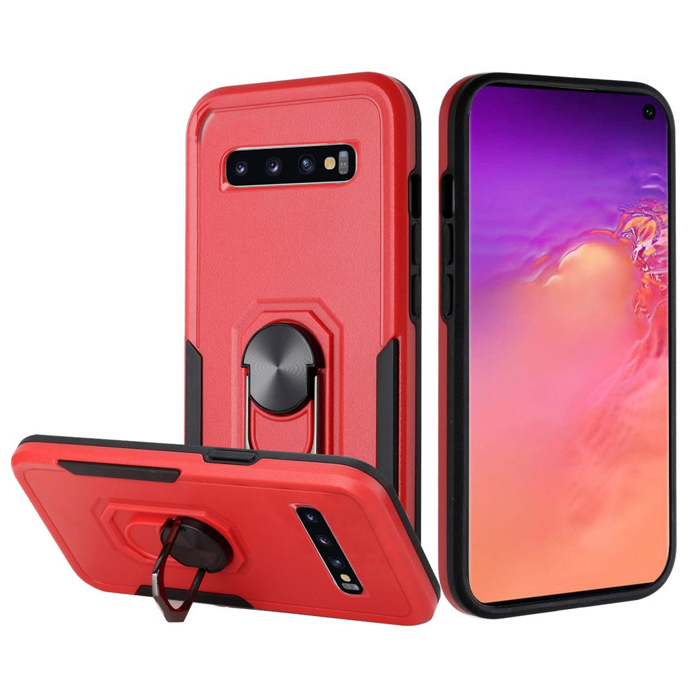 For Samsung Galaxy S10+ Plus Hybrid Tough Strong Dual Layer Hard PC TPU with Flat Magnetic Ring Stand Heavy-Duty Armor Red Phone Case Cover