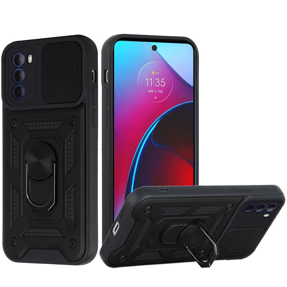 For Motorola Moto G Stylus 2022 4G Hybrid Cases with Slide Camera Lens Cover, Ring Holder Kickstand Rugged Dual Layer Phone Case Cover