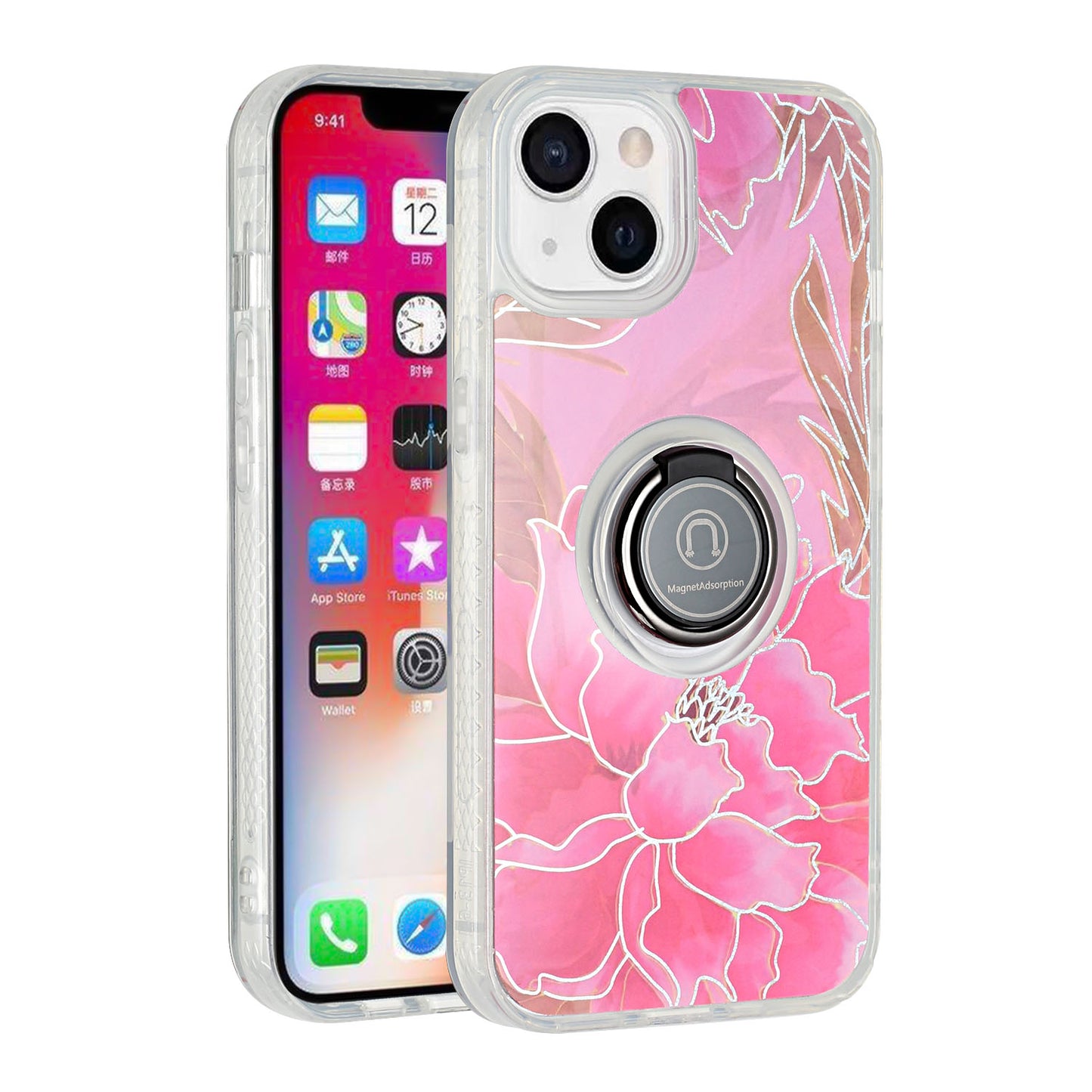 For Apple iPhone 11 (6.1") Flower Pattern IMD Design with Ring Kickstand Hybrid TPU Hard Back Shockproof Phone Case Cover