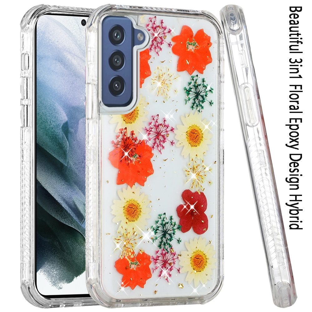 For Samsung Galaxy A23 5G Sparkle Glitter Floral Epoxy Design Shockproof Hybrid Fashion Bling Rubber TPU & Hard PC Phone Case Cover