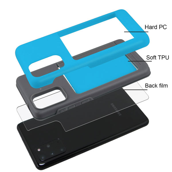 For Samsung Galaxy S20 Plus (6.7") Credit Card Wallet Back Storage Invisible Pocket Dual Layer Hard PC TPU Hybrid Protective Blue Phone Case Cover