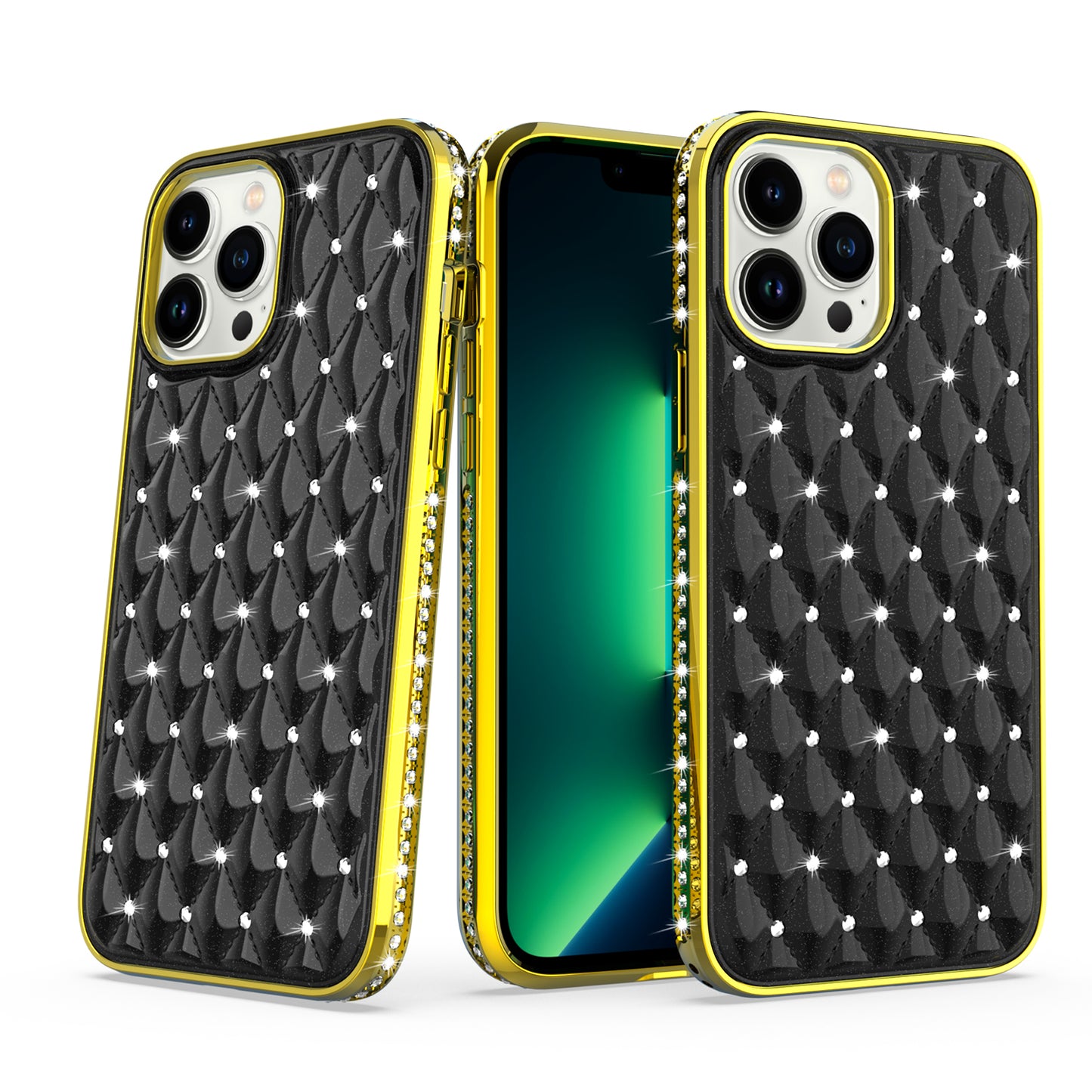 For Apple iPhone 13 Pro Max (6.7") Luxury Chrome Diamonds Rhinestone Thick Shiny Bling Protective Rubber Frame Phone Case Cover