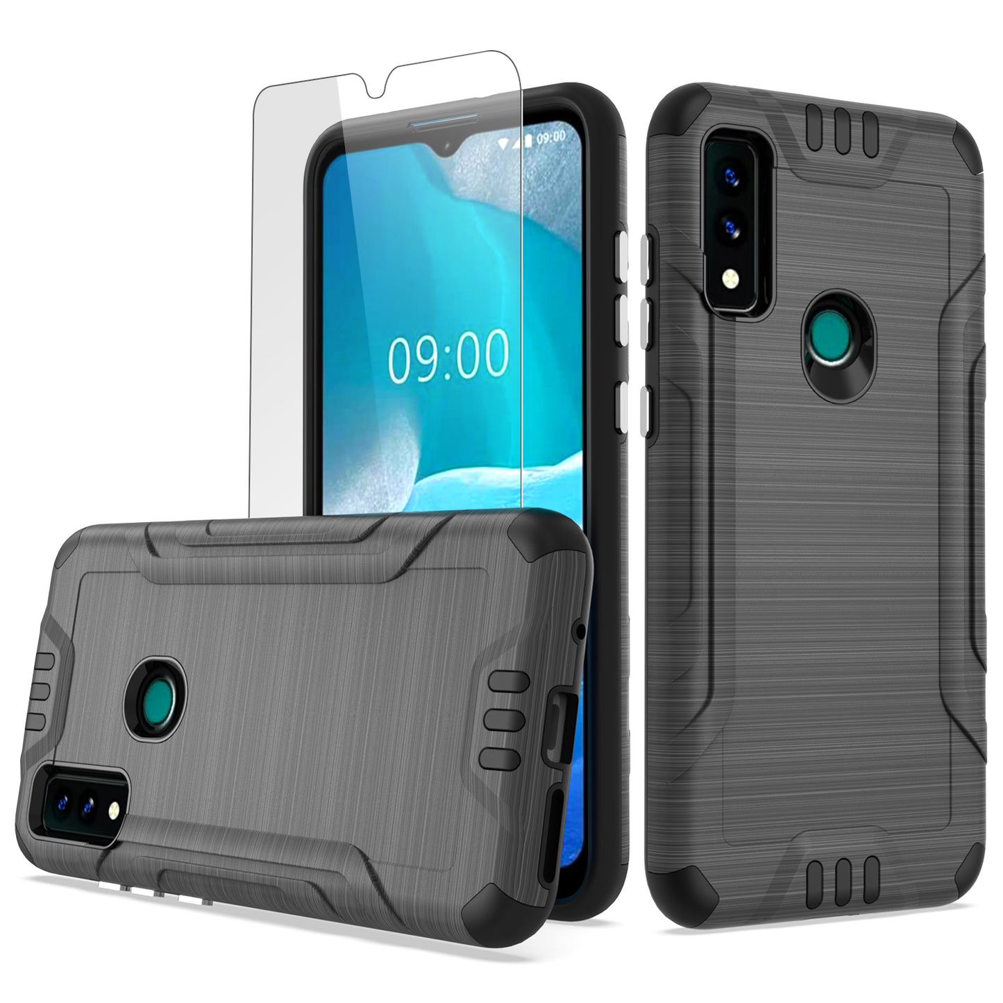 For AT&T Maestro 3 Hybrid Dual Layer Slim Metallic Brush Texture Hard PC TPU Rubber with Screen Protector Tempered Glass Phone Case Cover