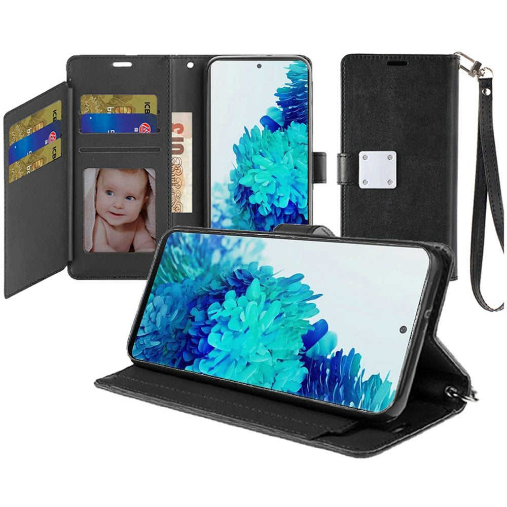For Samsung Galaxy A03 Core Wallet Case PU Leather Credit Card ID Pocket Cash Holder Slot Dual Flip Pouch Folio Stand, Strap Black Phone Case Cover