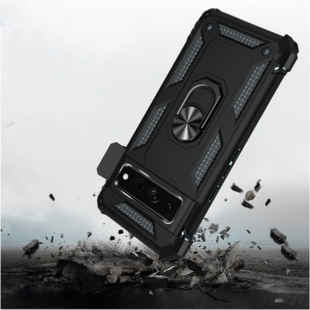 For Google Pixel 7 / Pixel 7 Pro Hybrid Armor with Belt Clip Holster Ring Stand Holder, Military Grade Fit Magnetic Car Mount Shockproof Phone Case Cover