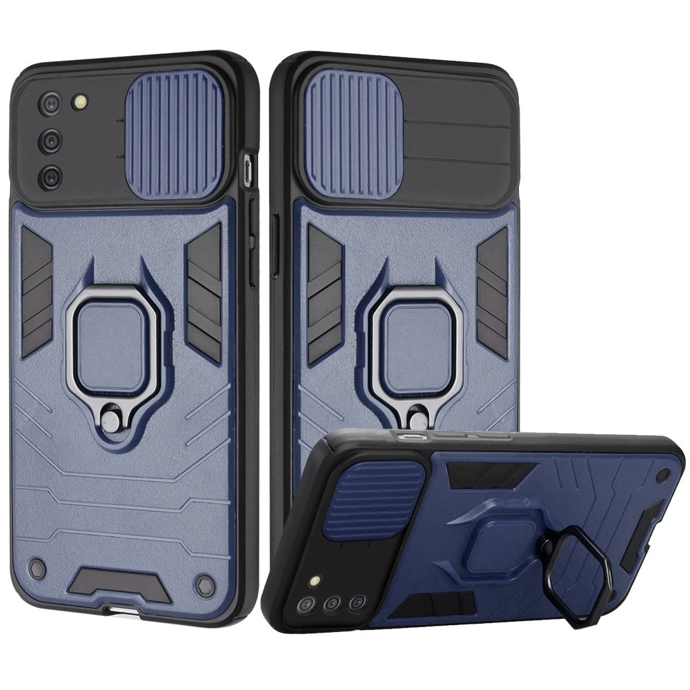For Samsung Galaxy A02S Kickstand Hybrid with Slide Camera Protector, Built-in 360° Rotate Ring Stand Magnetic PC & TPU Bumper Phone Case Cover